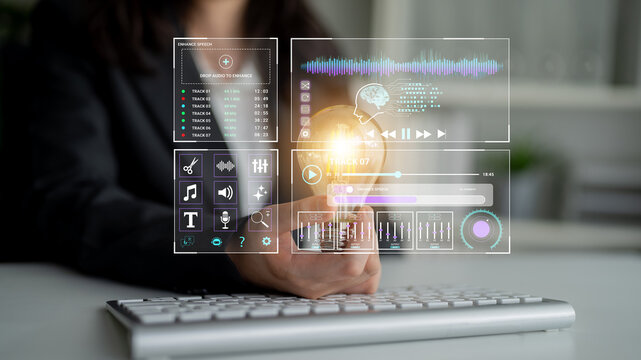 Professional woman analyzing data trends with futuristic display and keyboard in modern office setting for business and technology themes. Sentient.