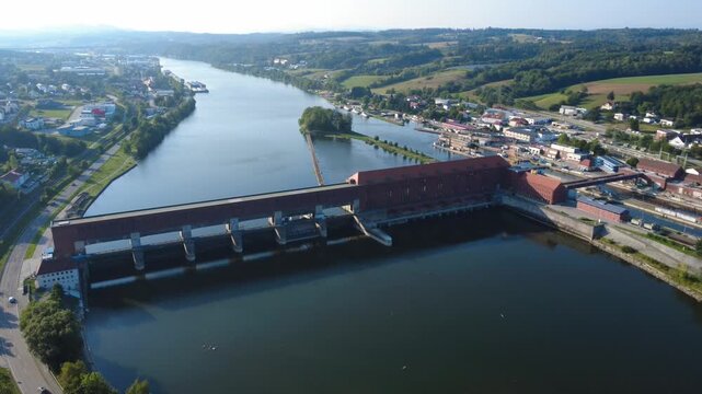 Aerial view of the Kachlet hydropower plant on the river Danube near Passau in evening light