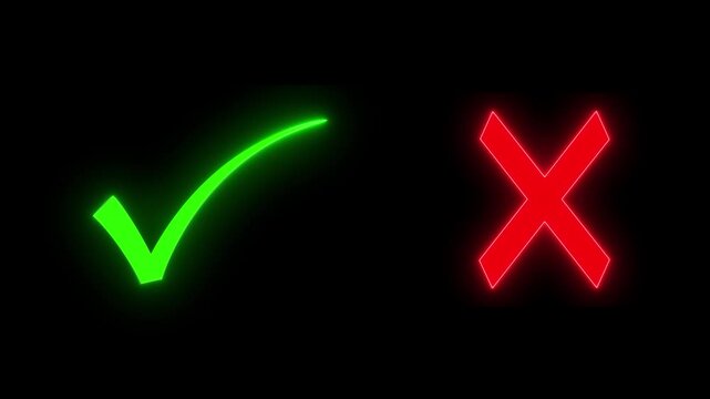 Animated green check mark and red cross symbols with brush stroke texture 4k video. Approval badge, checklist, done, warning, yes or no, and green tick sign