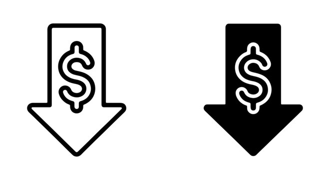 Two icons depicting a downward arrow with a dollar sign, one outlined and one solid black.