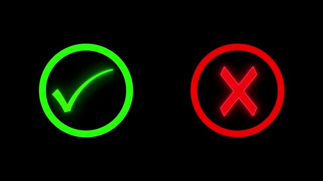 Animated green check mark and red cross symbols with brush stroke texture 4k video. Approval badge, checklist, done, warning, yes or no, and green tick sign