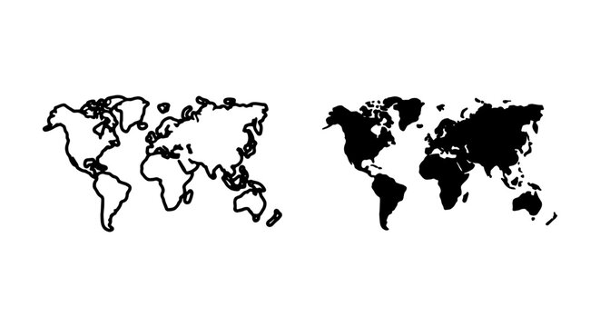 Minimalist world map vector icons, global earth continent outlines, international travel graphics
