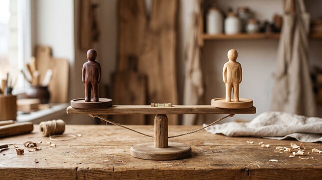 Wooden balance scale with dark and light wood human figures standing on opposite sides, conceptual metaphor for equality, diversity, justice, and balanced decision making in a rustic workshop