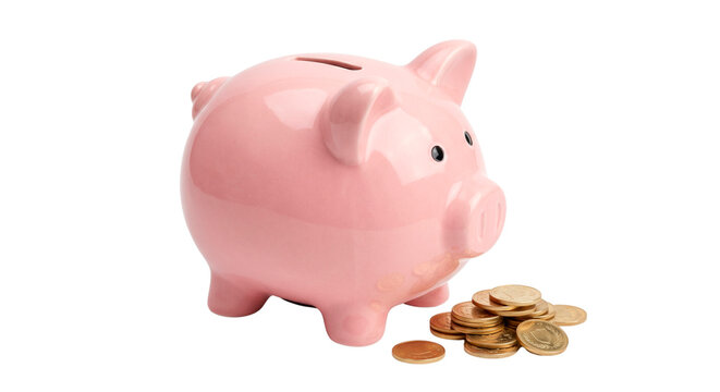 Pink Ceramic Piggy Bank With Coin Pile Isolated On White Background