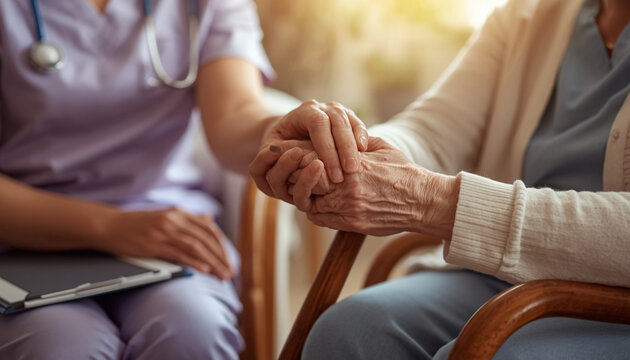 Compassionate nurse holding senior patient hand, elderly care and medical support in nursing home, healthcare professional providing comfort to aged woman