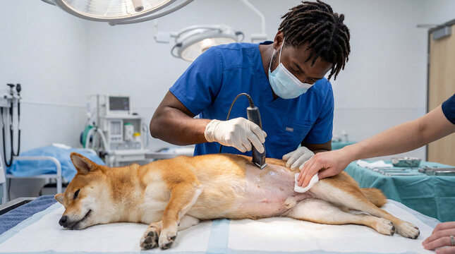Veterinarian clipping the abdominal surgical site of a shiba inu dog before surgery while an assistant prepares the patient in a veterinary operating room