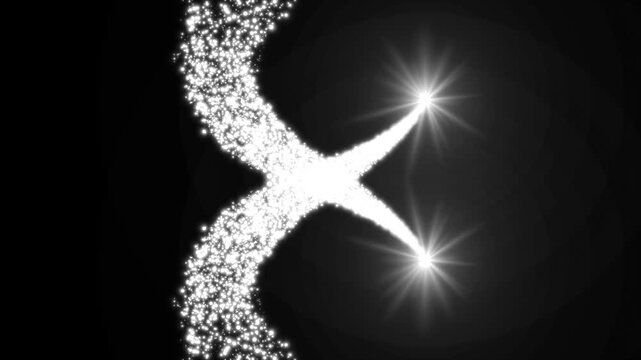 White glitter particle trails converging into a radiant light burst with glowing sparkle effect on black background 4k