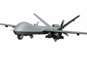 Obraz premium Military drone carrying missiles flying against white background