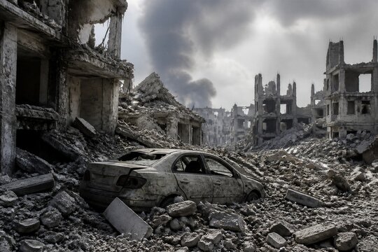 Abandoned car stranded amid rubble in war torn city