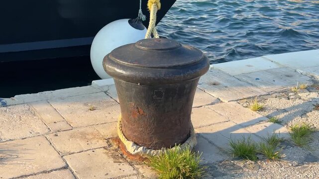 Old rusty metal bollard on a stone pier with a mooring rope and boat fender in a harbor