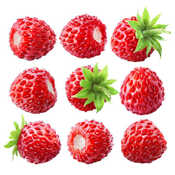 Set of nine ripe juicy wild forest strawberries isolated on transparent background.