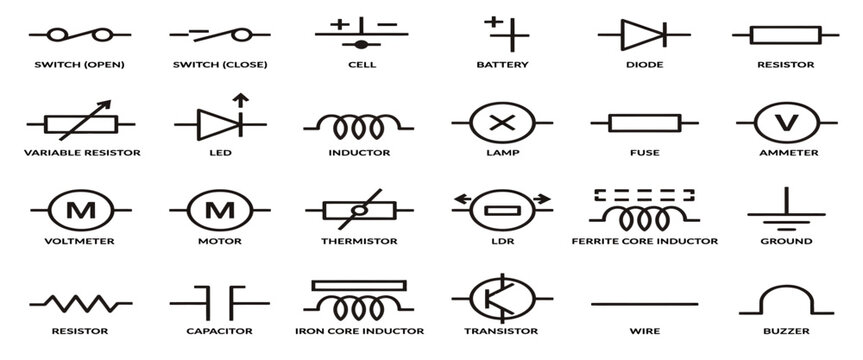 Electronic circuit symbols set, 24 technical electrical engineering icons, black schematic vector elements for physics education and wiring diagrams