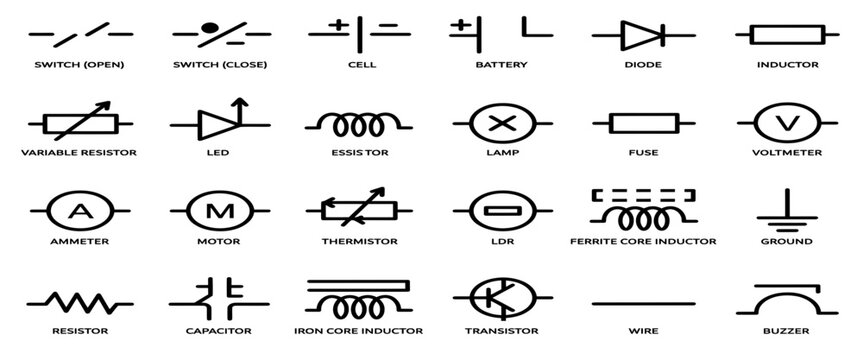 Electronic circuit symbols set, 24 black line icons of electrical components, schematic diagram elements for engineering and physics education