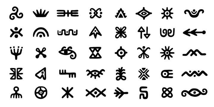Ancient tribal symbols and mystical runes, set of 40 black hand-drawn ethnic icons, primitive geometric vector elements for occult or spiritual design