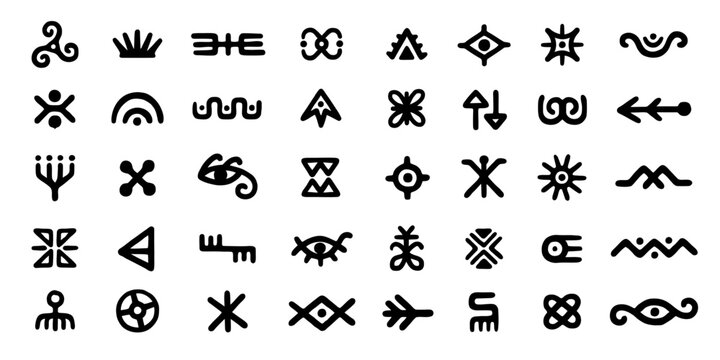 Ancient mystical symbols and tribal glyphs, set of 40 black hand-drawn ethnic icons, primitive occult sigils and esoteric vector elements