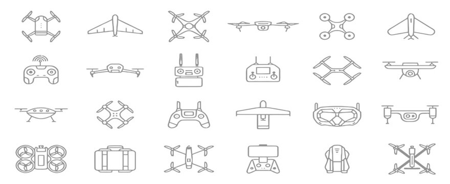 Minimalist drone line icons set, 24 quadcopter and uav vector elements, modern aerial photography equipment and remote controller symbols for technology apps