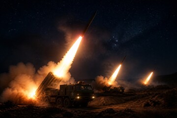 Obraz premium Multiple rocket launchers firing into night sky from terrain