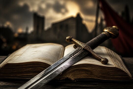 Ancient sword laid across open book on medieval table
