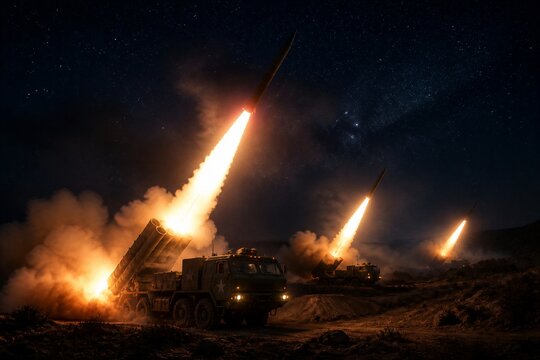 Multiple rocket launchers firing into night sky from terrain