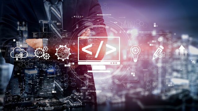 Modern web development concept featuring coding symbols, web development process, web development interface, and web development tools with futuristic design. Muxer