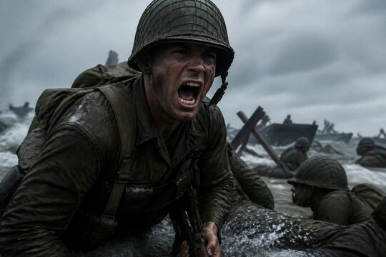 Soldier shouting during amphibious assault on rocky beach