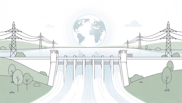 Hydroelectric Power Station and Renewable Electricity Vector Illustration