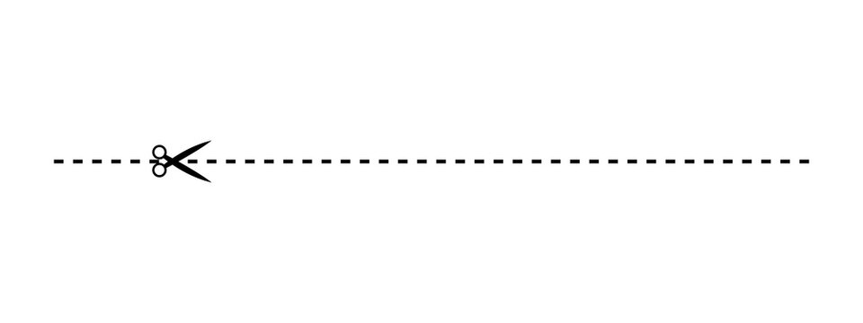 Black scissors icon with a horizontal dashed cut line for coupons and voucher designs