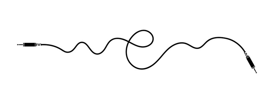 Black audio cable with jack connectors in a wavy curvy line shape