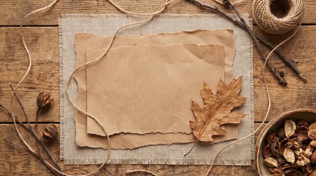 Autumn rustic background with blank craft paper dry leaf and twine on wood table