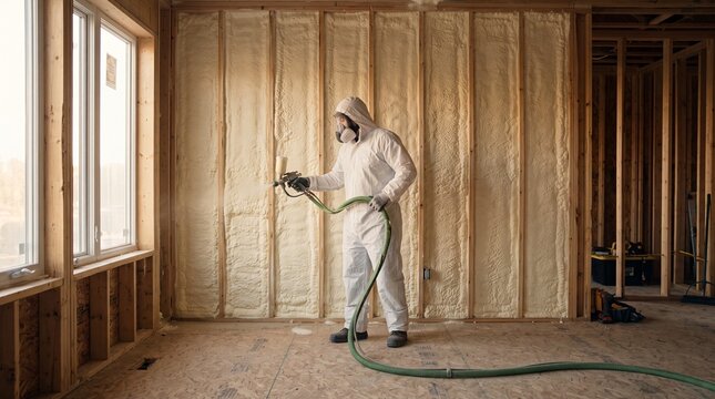 Construction Worker Applying Spray Foam Insulation with a Protective Suit for Energy Efficiency and Home Improvement