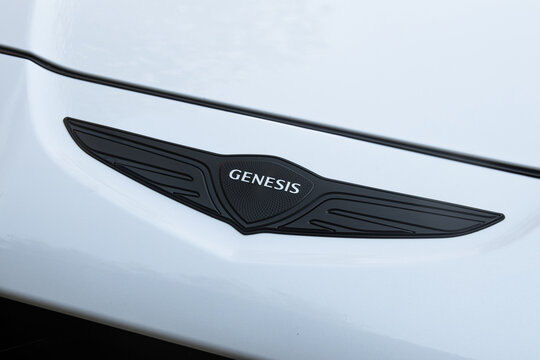 Close-up of the iconic Genesis wing emblem displayed on the front of a white luxury vehicle