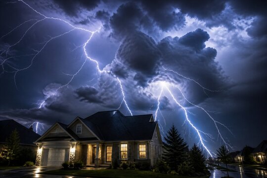 Suburban house illuminated by multiple lightning strikes at night