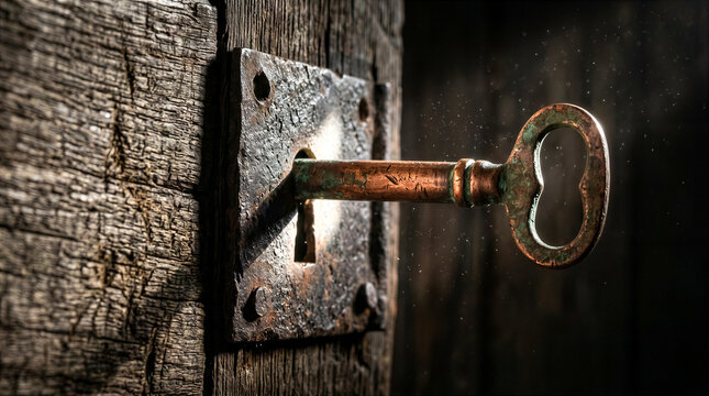 Key rests inside antique lock on weathered wood. Detailed texture of old materials shows history. Concept of security, heritage, locksmith services