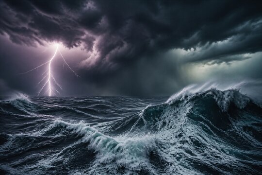 Rough sea with lightning striking during violent storm at sea
