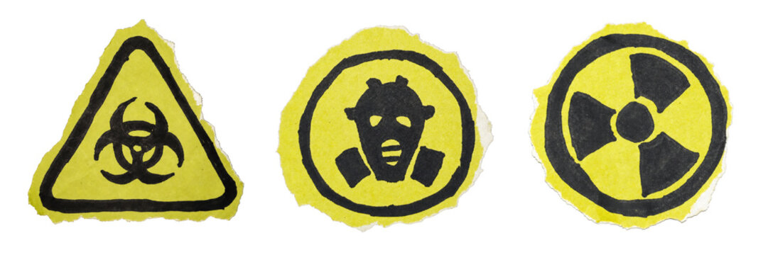 Set of warning symbols on torn yellow paper textures isolated on grey background.