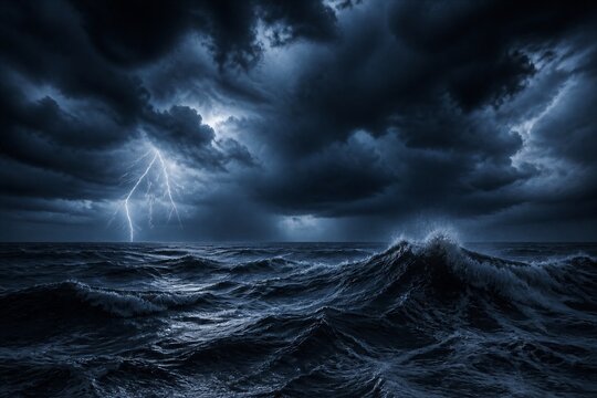 Churning ocean waves under lightning filled storm sky