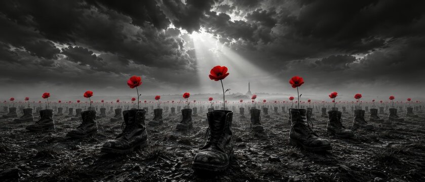 bright red poppies grow from rows of abandoned military boots in a dark muddy field beneath dramatic storm clouds and sunbeams