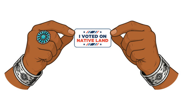 Din&eacute; Elder Hands Holding I Voted on Native Land Sticker