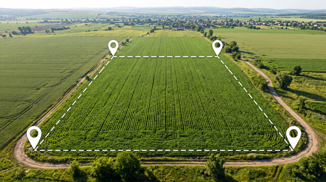 Aerial view of a green agricultural field marked with white map pins and dashed boundary lines indicating property land measurement and digital farm mapping