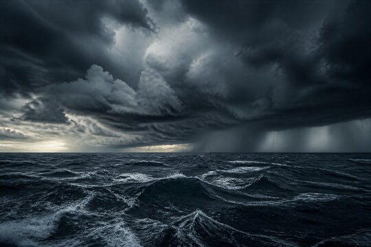 Rough ocean waves crashing under dark storm clouds at sea horizon