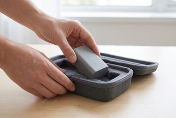 Fototapeta premium Hands placing a grey rectangular power bank into a matching grey zippered carrying case