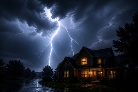 House struck by lightning with illuminated windows at night