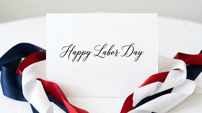 A festive labor day greeting card decorated with red white and blue ribbons on a clean white background