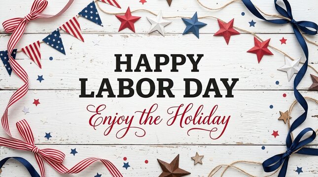 Happy labor day greeting card with patriotic red white and blue decorations on rustic white wooden background