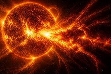 Fototapeta premium Solar flare erupting from sun surface with fiery plasma stream