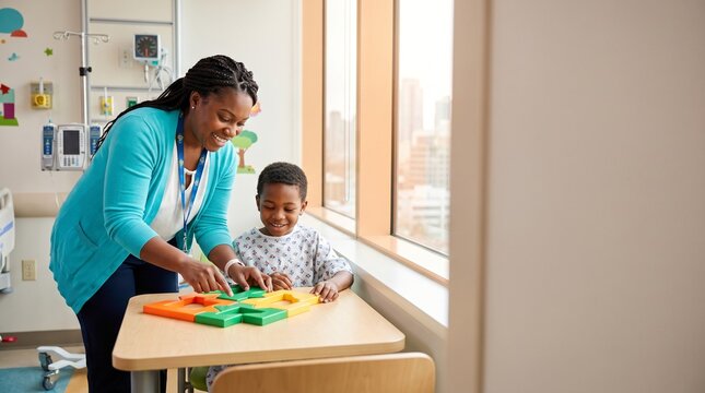 Hospital teacher helping child solve educational puzzle