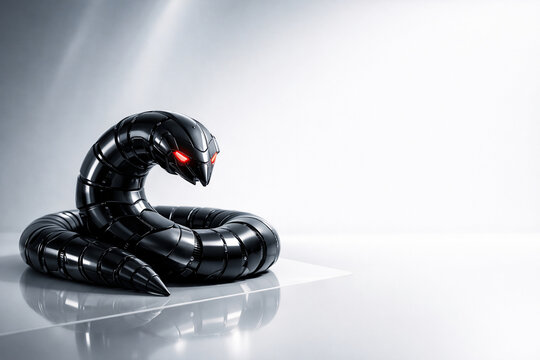 Black robotic snake with glowing red eyes in a studio setting