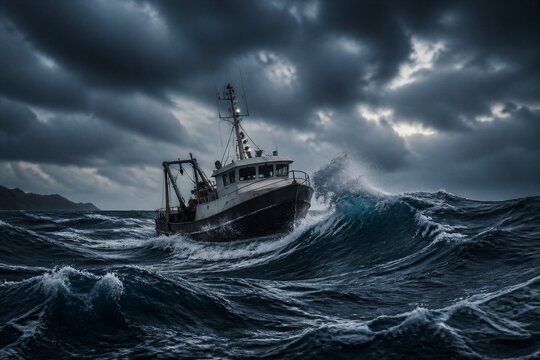 Fishing trawler battling heavy waves in stormy open sea