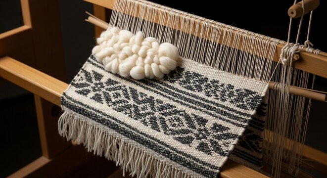Traditional Handwoven Textile on a Wooden Loom with Intricate Patterns.