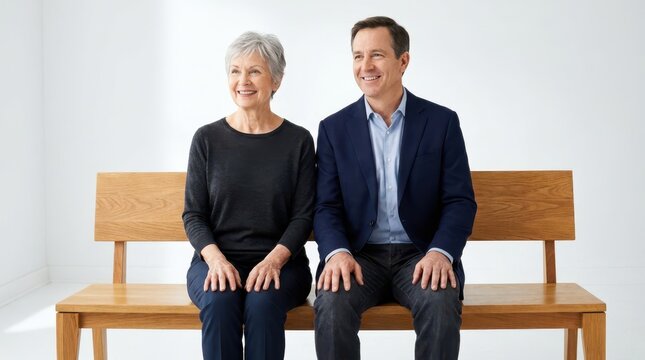 Smiling senior woman and male psychologist sitting together on wooden bench after successful session.